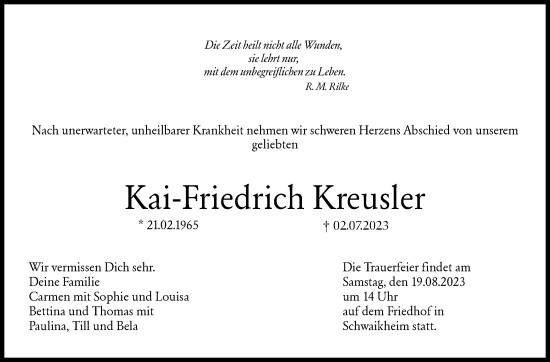 Traueranzeige von Kai-Friedrich Kreusler von Stuttgarter Zeitung / Stuttgarter Nachrichten
