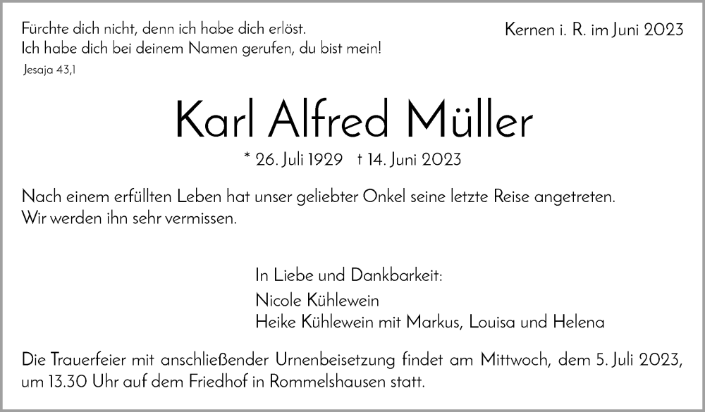  Traueranzeige für Karl Alfred Müller vom 01.07.2023 aus Stuttgarter Zeitung / Stuttgarter Nachrichten