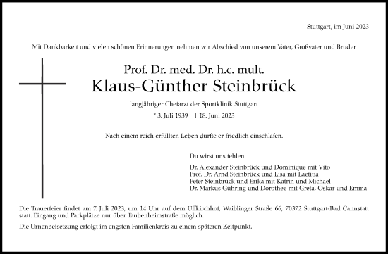 Traueranzeige von Klaus-Günther Steinbrück von Stuttgarter Zeitung / Stuttgarter Nachrichten