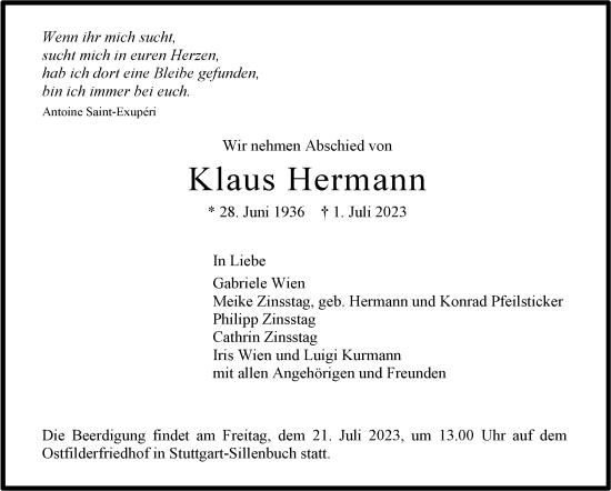 Traueranzeige von Klaus Hermann von Stuttgarter Zeitung / Stuttgarter Nachrichten
