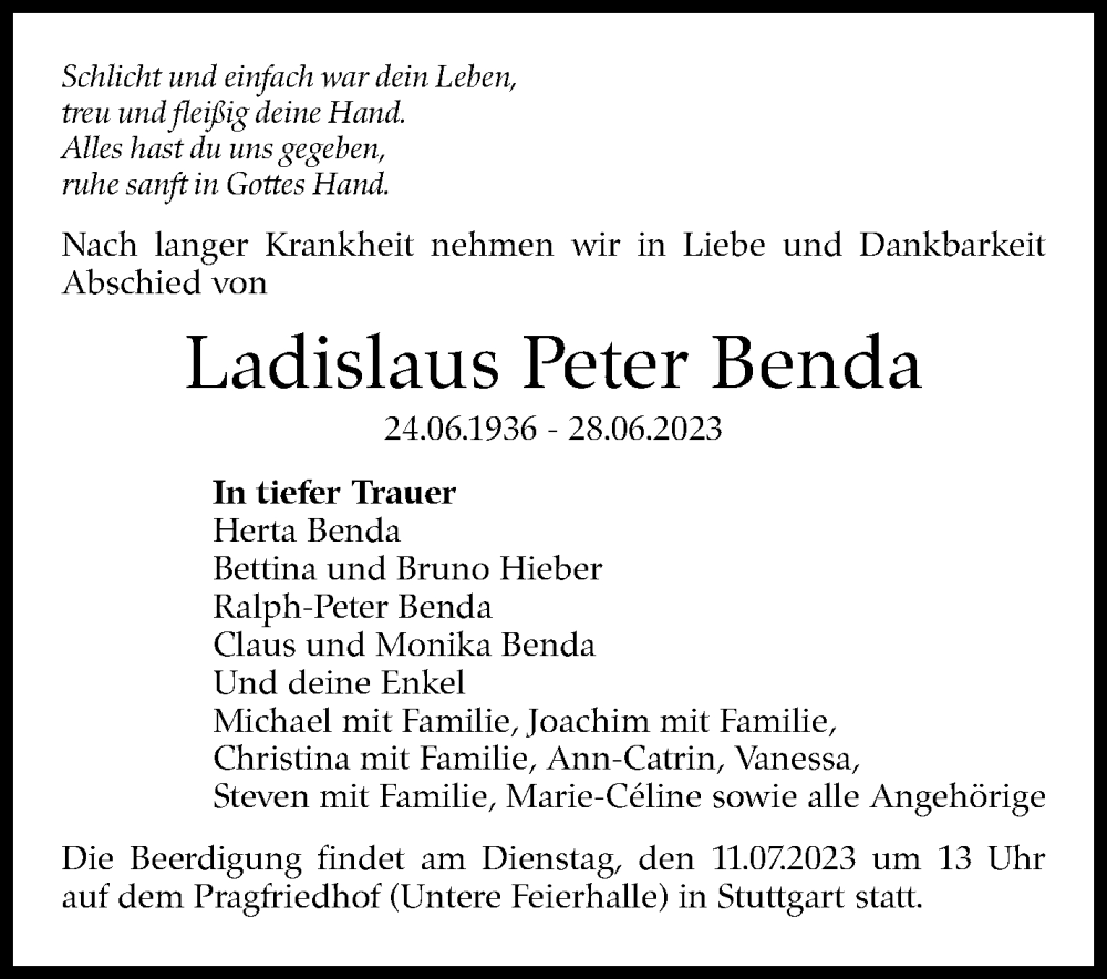  Traueranzeige für Ladislaus Peter Benda vom 08.07.2023 aus Stuttgarter Zeitung / Stuttgarter Nachrichten