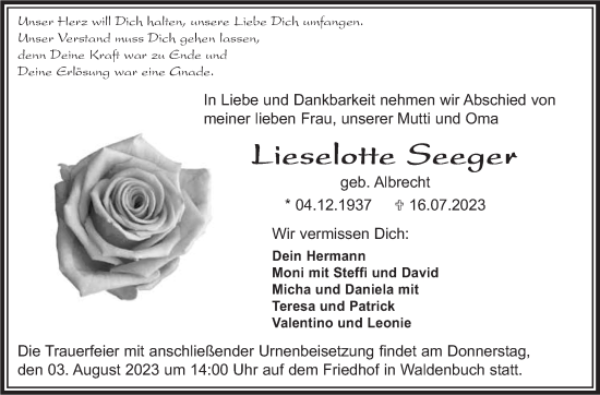 Traueranzeige von Lieselotte Seeger von Stuttgarter Zeitung / Stuttgarter Nachrichten