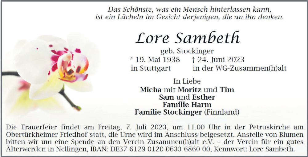  Traueranzeige für Lore Sambeth vom 01.07.2023 aus Stuttgarter Zeitung / Stuttgarter Nachrichten