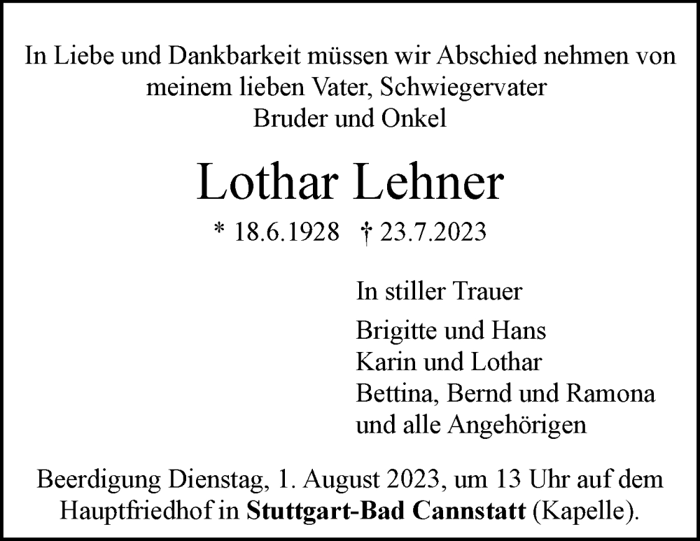  Traueranzeige für Lothar Lehner vom 29.07.2023 aus Stuttgarter Zeitung / Stuttgarter Nachrichten