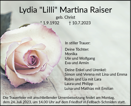 Traueranzeige von Lydia Martina Raiser von Stuttgarter Zeitung / Stuttgarter Nachrichten