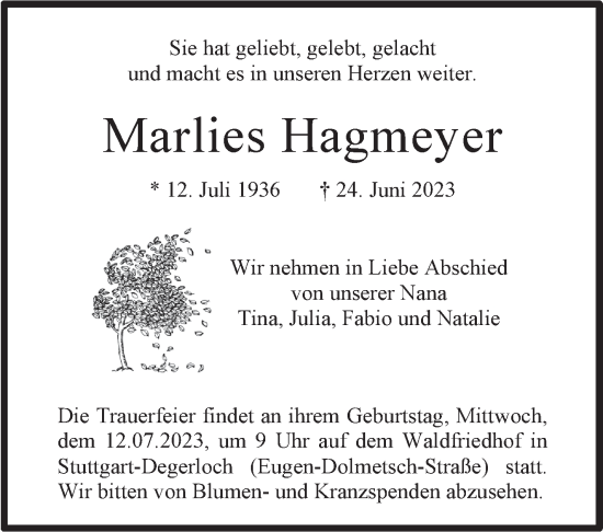 Traueranzeige von Marlies Hagmeyer von Stuttgarter Zeitung / Stuttgarter Nachrichten