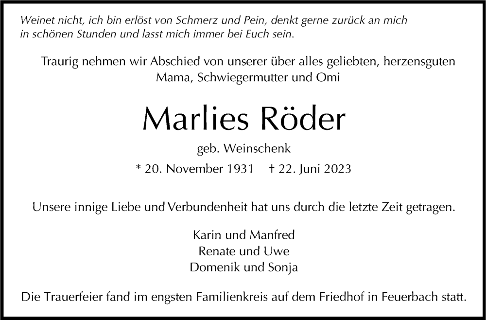  Traueranzeige für Marlies Röder vom 01.07.2023 aus Stuttgarter Zeitung / Stuttgarter Nachrichten