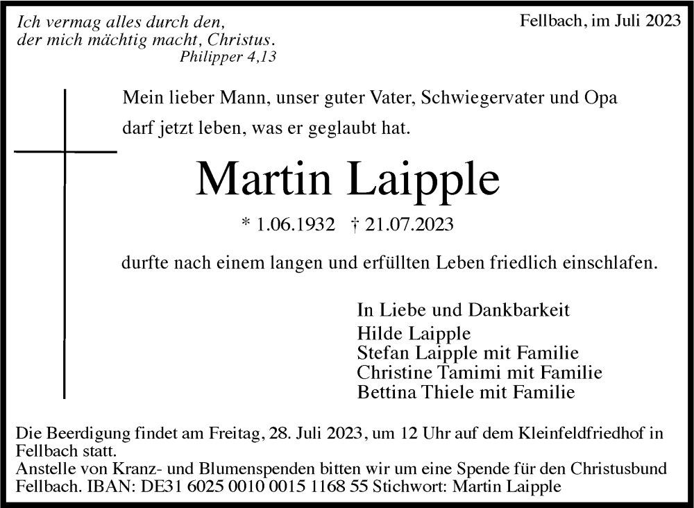  Traueranzeige für Martin Laipple vom 26.07.2023 aus Stuttgarter Zeitung / Stuttgarter Nachrichten
