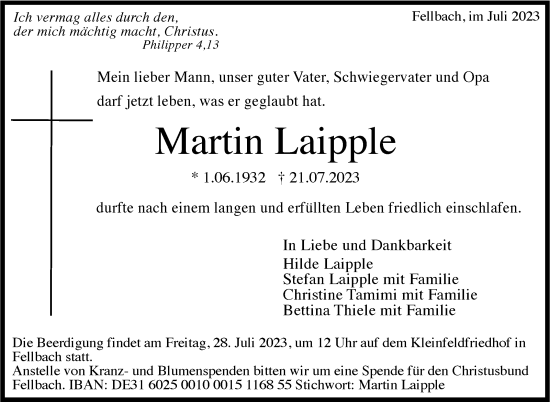 Traueranzeige von Martin Laipple von Stuttgarter Zeitung / Stuttgarter Nachrichten