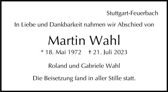Traueranzeige von Martin Wahl von Stuttgarter Zeitung / Stuttgarter Nachrichten