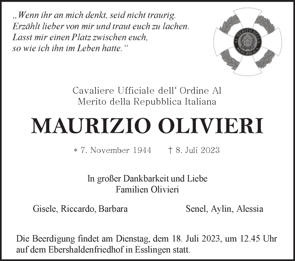  Traueranzeige für Maurizio Olivieri vom 18.07.2023 aus Stuttgarter Zeitung / Stuttgarter Nachrichten
