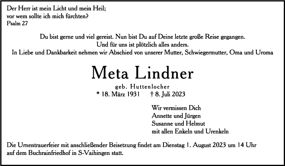  Traueranzeige für Meta Lindner vom 22.07.2023 aus Stuttgarter Zeitung / Stuttgarter Nachrichten