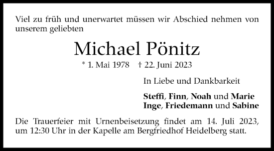 Traueranzeige von Michael Pönitz von Stuttgarter Zeitung / Stuttgarter Nachrichten