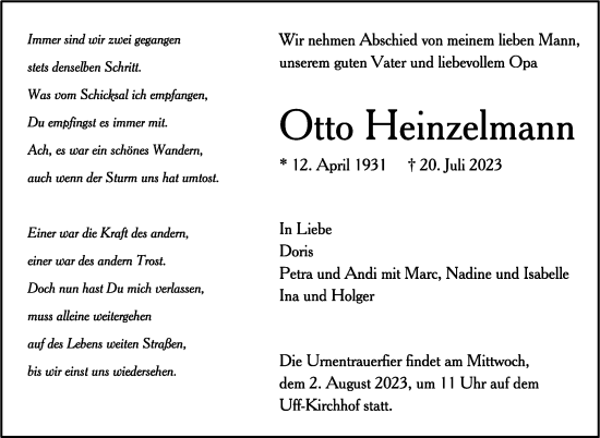 Traueranzeige von Otto Heinzelmann von Stuttgarter Zeitung / Stuttgarter Nachrichten