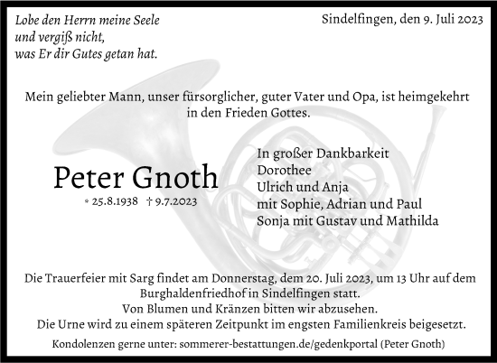 Traueranzeige von Peter Gnoth von Stuttgarter Zeitung / Stuttgarter Nachrichten