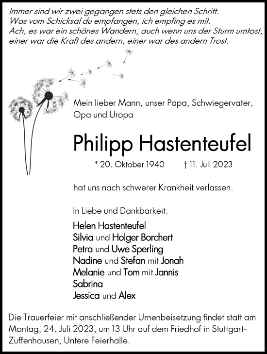 Traueranzeige von Philipp Hastenteufel von Stuttgarter Zeitung / Stuttgarter Nachrichten