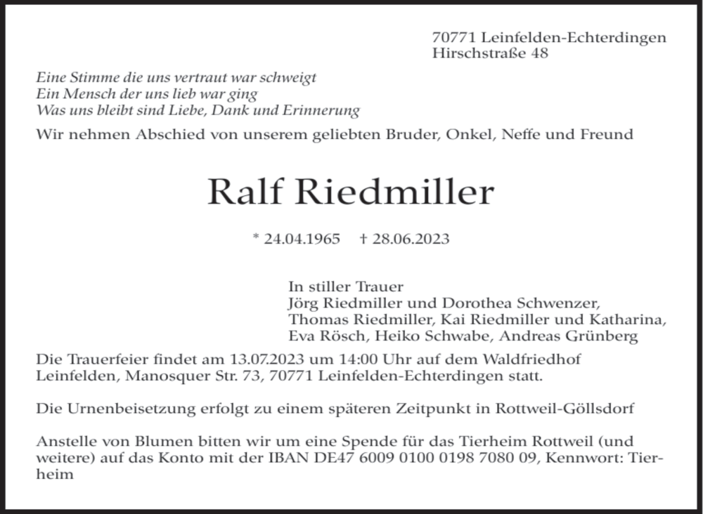  Traueranzeige für Ralf Riedmiller vom 07.07.2023 aus Stuttgarter Zeitung / Stuttgarter Nachrichten