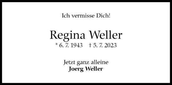 Traueranzeige von Regina Weller von Stuttgarter Zeitung / Stuttgarter Nachrichten