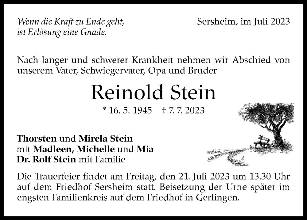  Traueranzeige für Reinold Stein vom 15.07.2023 aus Stuttgarter Zeitung / Stuttgarter Nachrichten