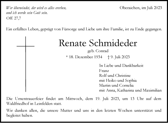 Traueranzeige von Renate Schmideder von Stuttgarter Zeitung / Stuttgarter Nachrichten