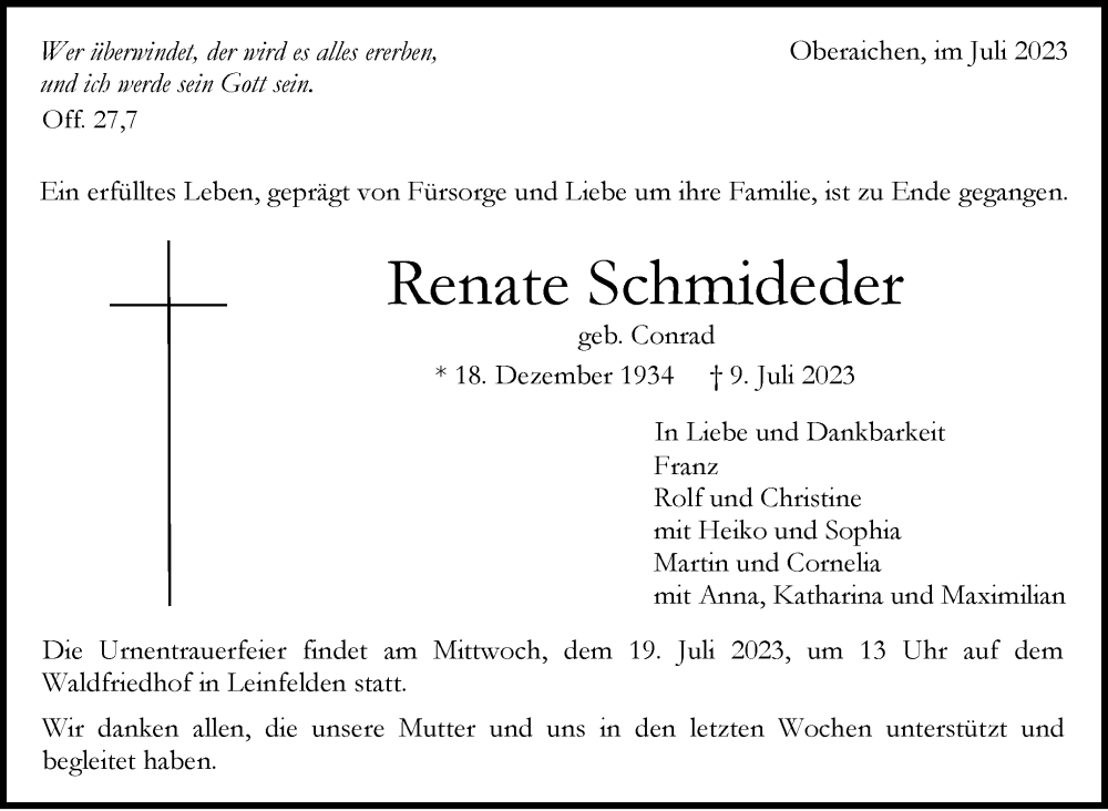  Traueranzeige für Renate Schmideder vom 14.07.2023 aus Stuttgarter Zeitung / Stuttgarter Nachrichten