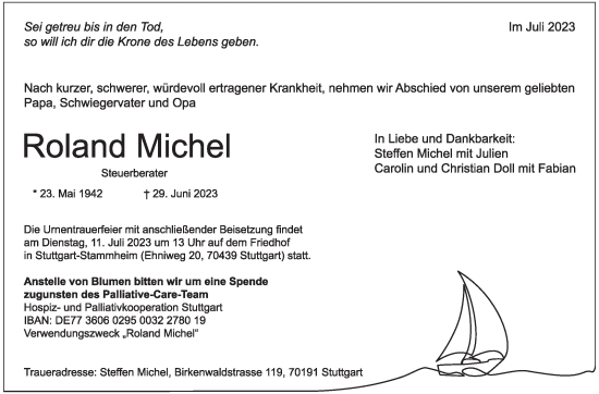 Traueranzeige von Roland Michel von Stuttgarter Zeitung / Stuttgarter Nachrichten