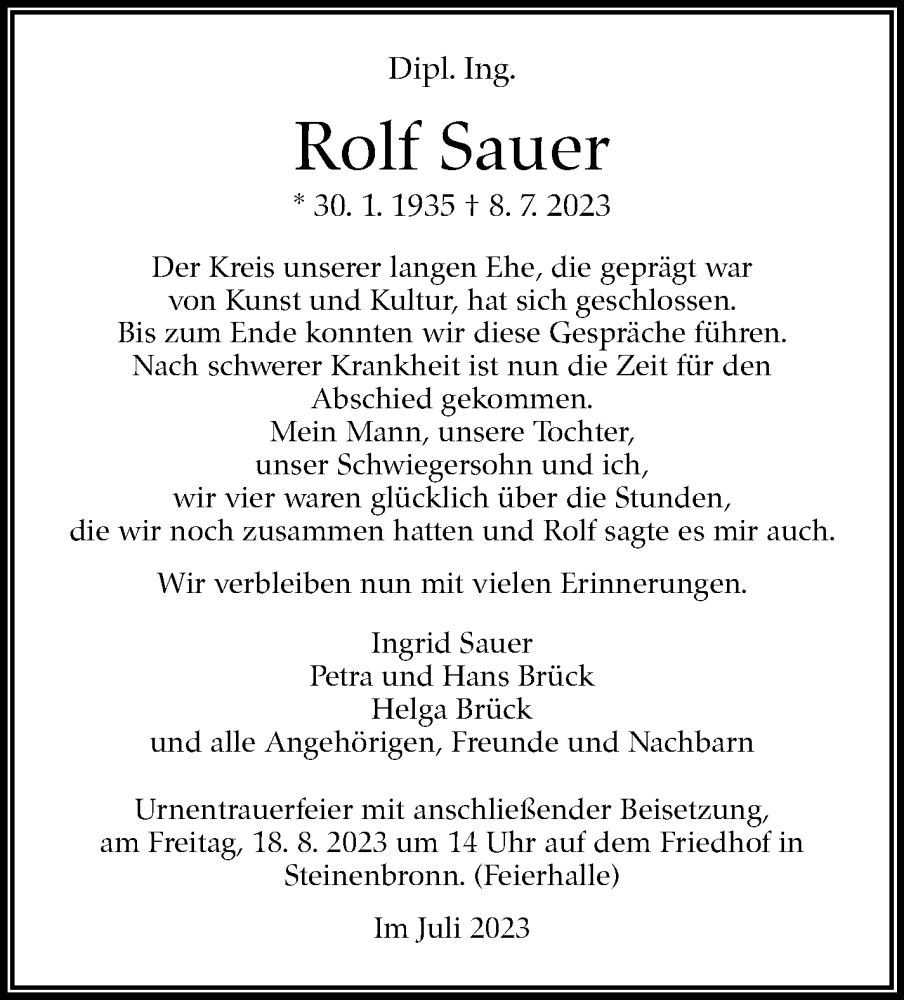  Traueranzeige für Rolf Sauer vom 19.07.2023 aus Stuttgarter Zeitung / Stuttgarter Nachrichten