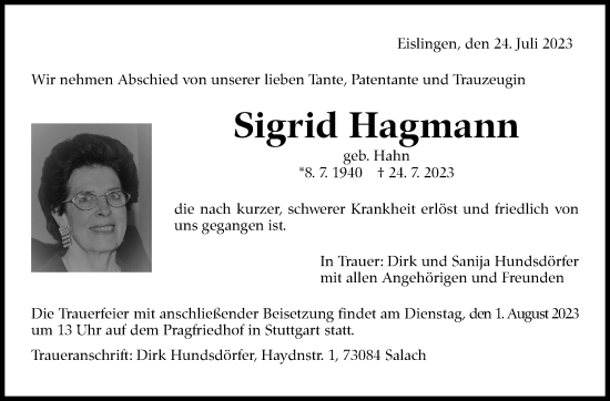 Traueranzeige von Sigrid Hagmann von Stuttgarter Zeitung / Stuttgarter Nachrichten