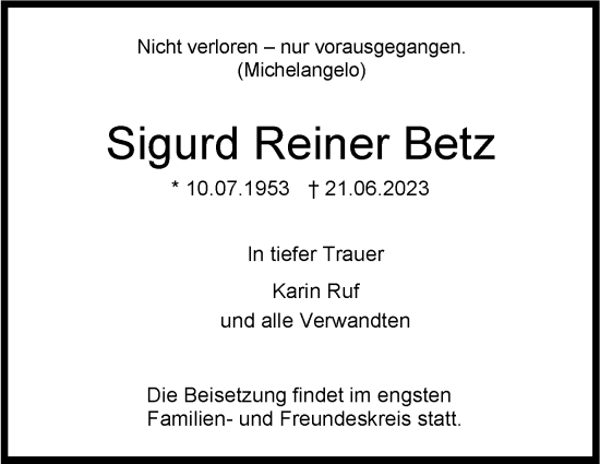 Traueranzeige von Sigurd Reiner Betz von Stuttgarter Zeitung / Stuttgarter Nachrichten