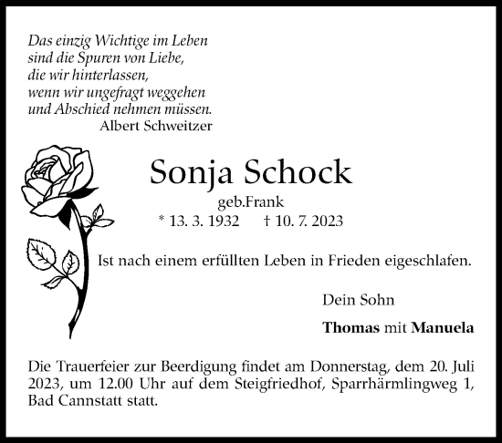 Traueranzeige von Sonja Schock von Stuttgarter Zeitung / Stuttgarter Nachrichten