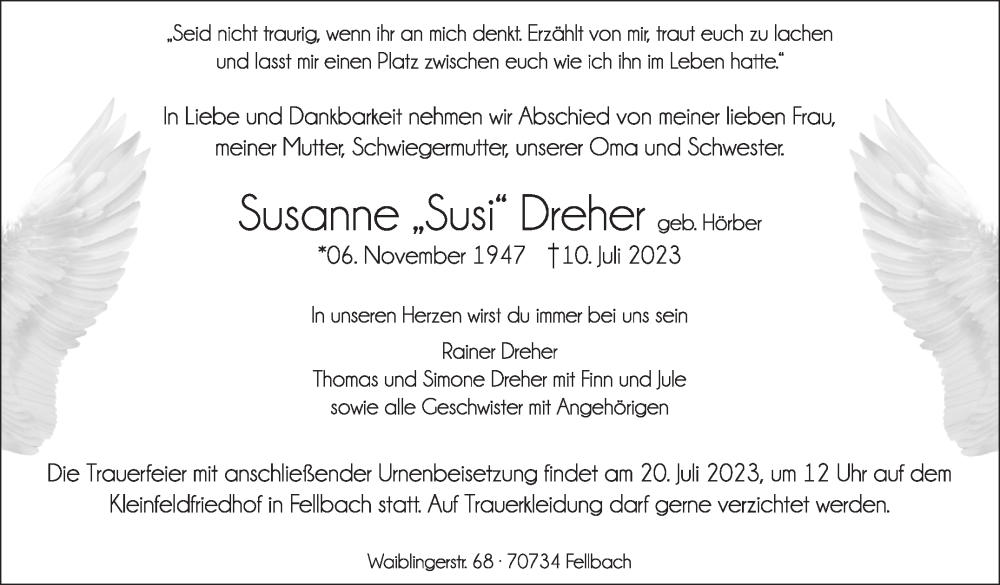  Traueranzeige für Susanne  Dreher vom 17.07.2023 aus Stuttgarter Zeitung / Stuttgarter Nachrichten