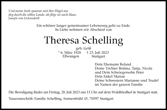 Traueranzeige von Theresa Schelling von Stuttgarter Zeitung / Stuttgarter Nachrichten