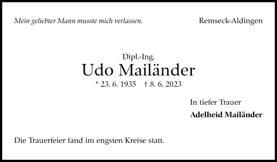 Traueranzeige von Udo Mailänder von Stuttgarter Zeitung / Stuttgarter Nachrichten