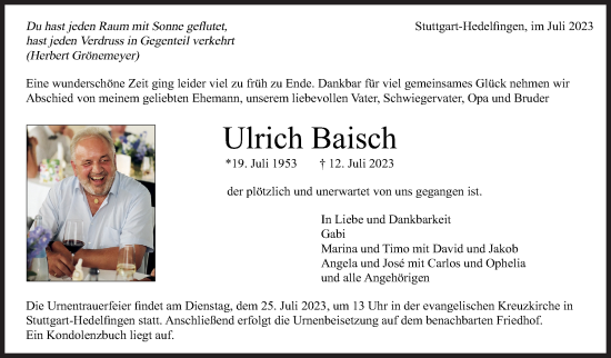 Traueranzeige von Ulrich Baisch von Stuttgarter Zeitung / Stuttgarter Nachrichten