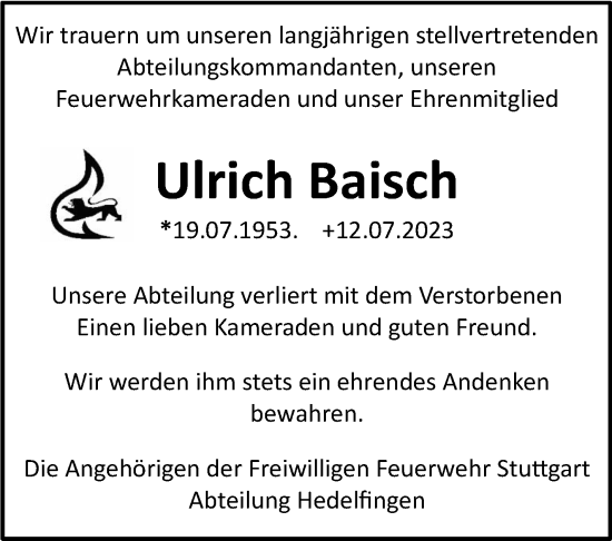 Traueranzeige von Ulrich Baisch von Stuttgarter Zeitung / Stuttgarter Nachrichten