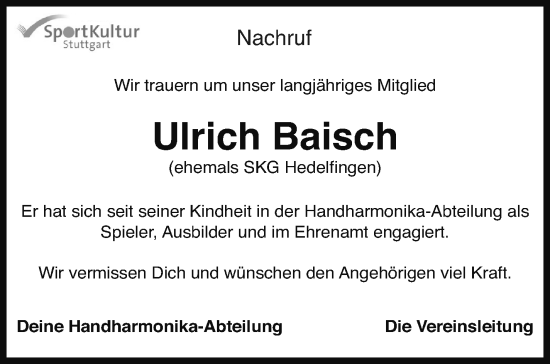 Traueranzeige von Ulrich Baisch von Stuttgarter Zeitung / Stuttgarter Nachrichten