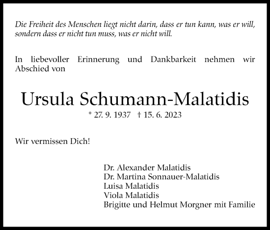 Traueranzeige von Ursula Schumann-Malatidis von Stuttgarter Zeitung / Stuttgarter Nachrichten