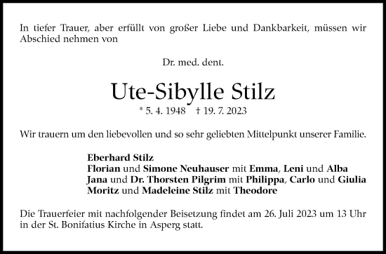 Traueranzeige von Ute-Sibylle Stilz von Stuttgarter Zeitung / Stuttgarter Nachrichten