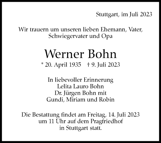 Traueranzeige von Werner Bohn von Stuttgarter Zeitung / Stuttgarter Nachrichten