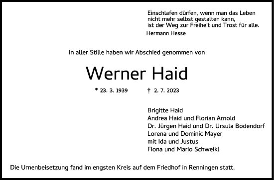 Traueranzeige von Werner Haid von Stuttgarter Zeitung / Stuttgarter Nachrichten