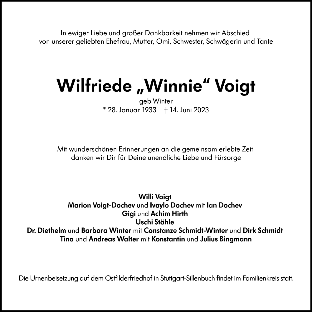  Traueranzeige für Wilfriede Voigt vom 01.07.2023 aus Stuttgarter Zeitung / Stuttgarter Nachrichten
