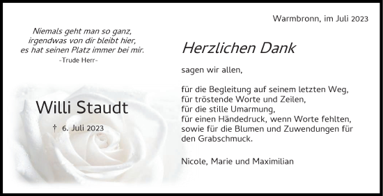 Traueranzeige von Willi Staudt von Stuttgarter Zeitung / Stuttgarter Nachrichten