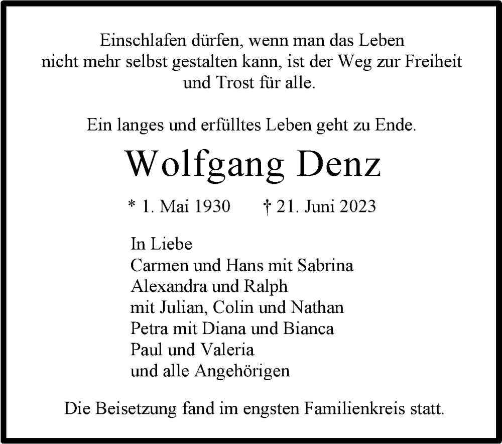  Traueranzeige für Wolfgang Denz vom 15.07.2023 aus Stuttgarter Zeitung / Stuttgarter Nachrichten