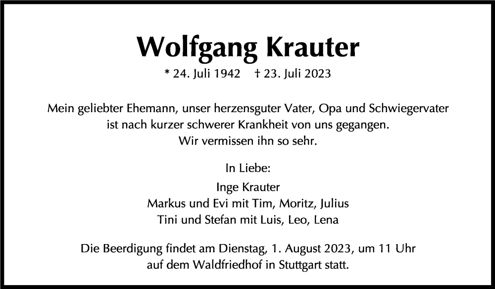  Traueranzeige für Wolfgang Krauter vom 27.07.2023 aus Stuttgarter Zeitung / Stuttgarter Nachrichten