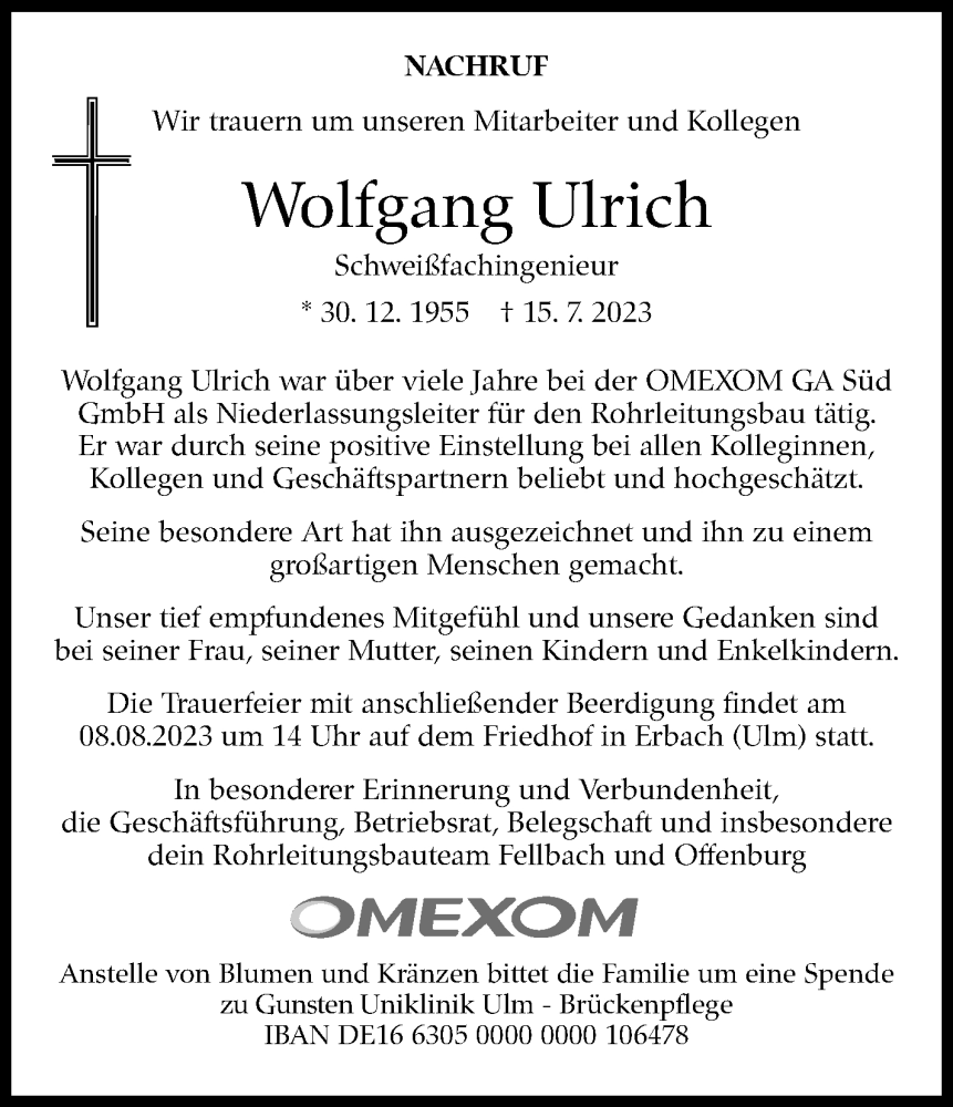  Traueranzeige für Wolfgang Ulrich vom 29.07.2023 aus Stuttgarter Zeitung / Stuttgarter Nachrichten