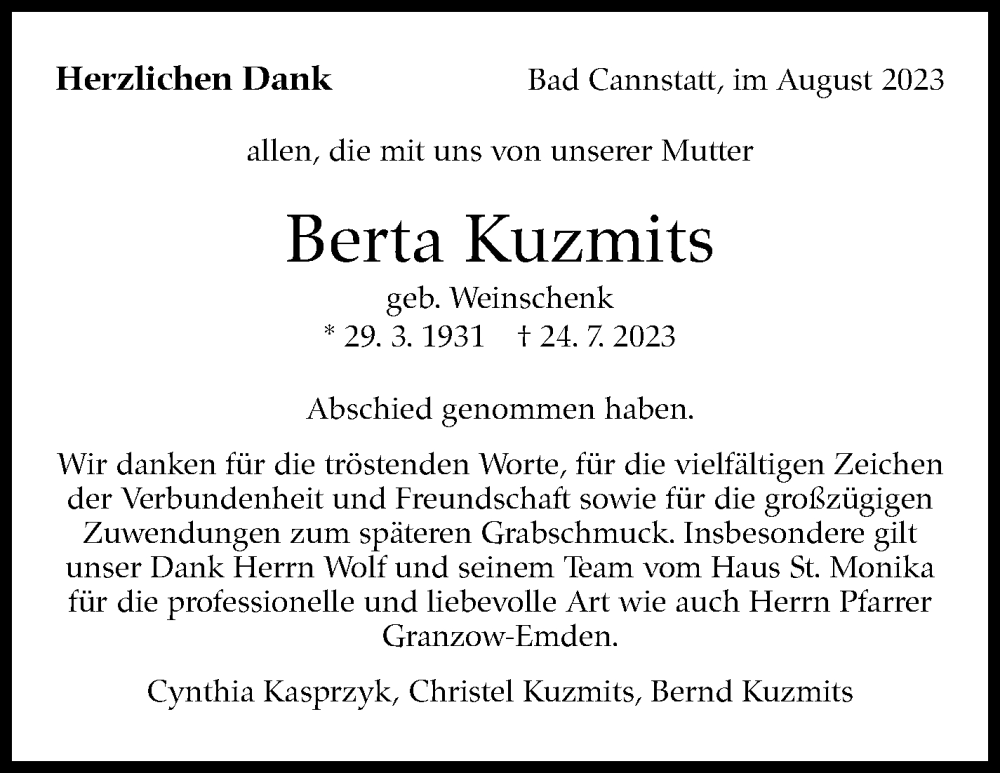  Traueranzeige für Berta Kuzmits vom 19.08.2023 aus Stuttgarter Zeitung / Stuttgarter Nachrichten