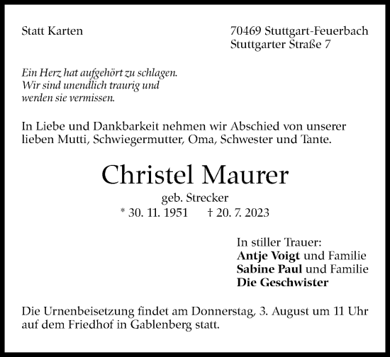 Traueranzeige von Christel Maurer von Stuttgarter Zeitung / Stuttgarter Nachrichten