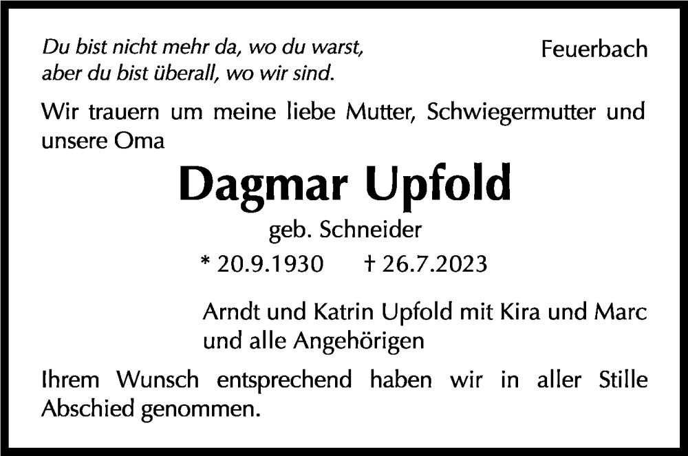  Traueranzeige für Dagmar Upfold vom 01.08.2023 aus Stuttgarter Zeitung / Stuttgarter Nachrichten