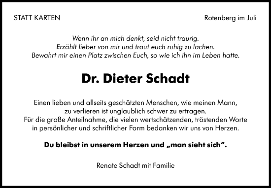 Traueranzeige von Dieter Schadt von Stuttgarter Zeitung / Stuttgarter Nachrichten