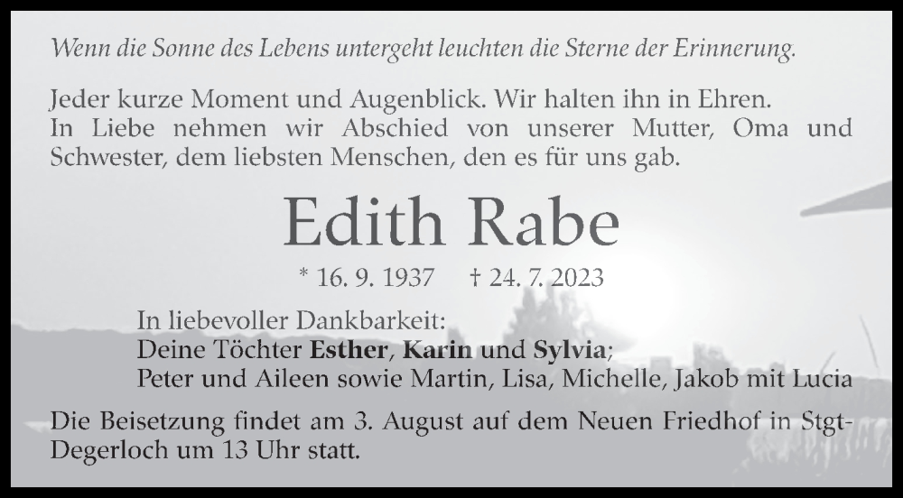  Traueranzeige für Edith Rabe vom 01.08.2023 aus Stuttgarter Zeitung / Stuttgarter Nachrichten